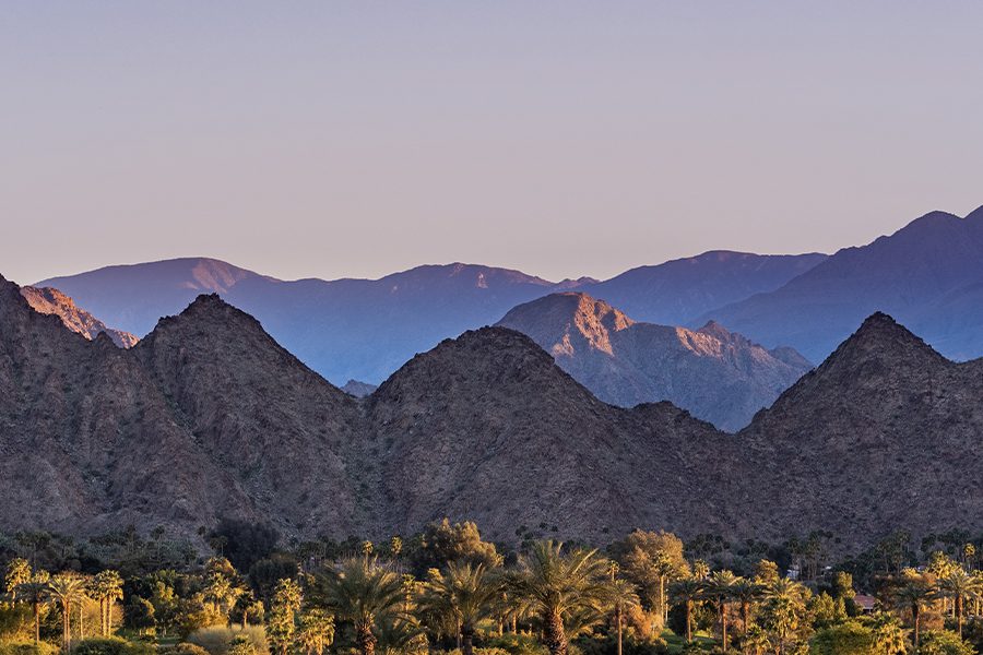 Palm Desert, CA - A Beautiful Landscape View of Palm Trees and Purple Mountains in the Background at Dusk